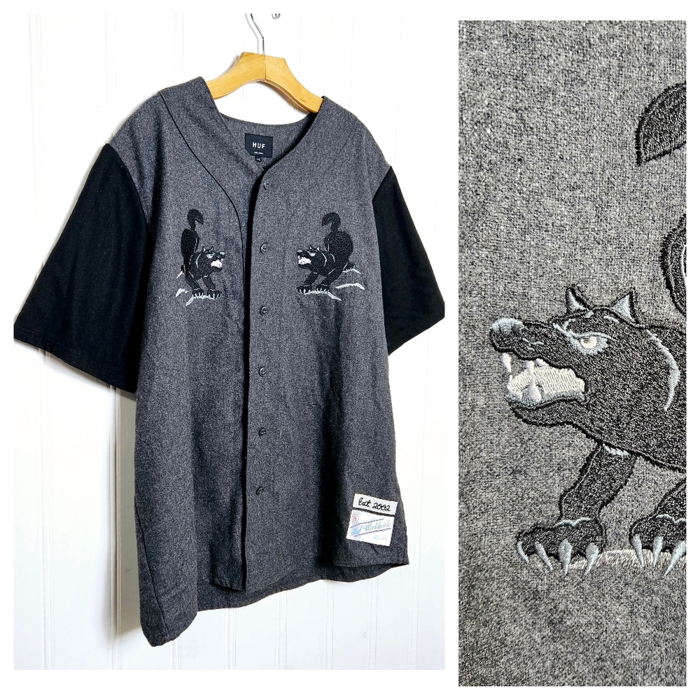 HUF Wolf Baseball Jersey XXL Gray Black Button Front Streetwear Graphic